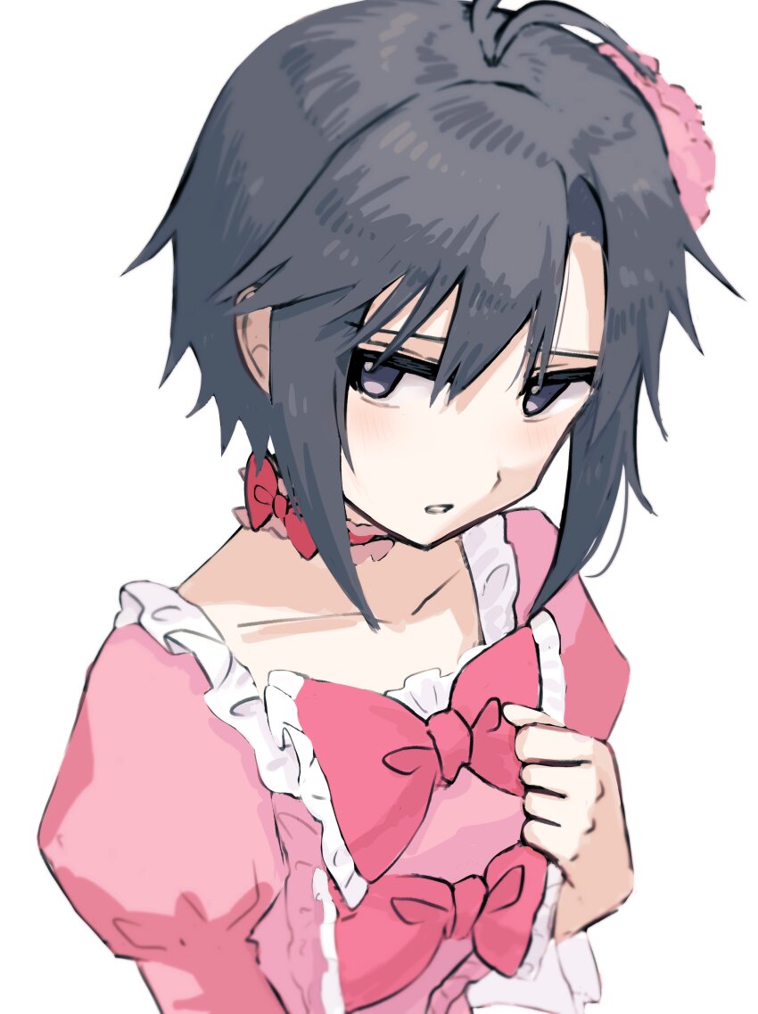 absurdres antenna_hair blurry choker depth_of_field dress flower frilled_choker frills hair_ornament hand_on_own_chest highres idolmaster idolmaster_(classic) kikuchi_makoto leaning_forward light_blush miyagi parted_bangs pink_dress pink_flower pink_ribbon pink_rose ribbon rose simple_background white_background