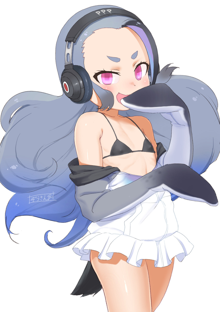 1girl absurdres animal_ears bikini black_bikini black_hair blue_hair blush covered_erect_nipples empty_eyes flat_chest giant_penguin_(kemono_friends) grey_hair headphones highres hood kemono_friends kemono_friends_3 long_hair looking_at_viewer masuyama_ryou multicolored_hair off_shoulder open_mouth partially_undressed penguin_girl penguin_tail pink_eyes pleated_skirt skirt smile solo swimsuit tail thick_eyebrows very_long_hair white_skirt