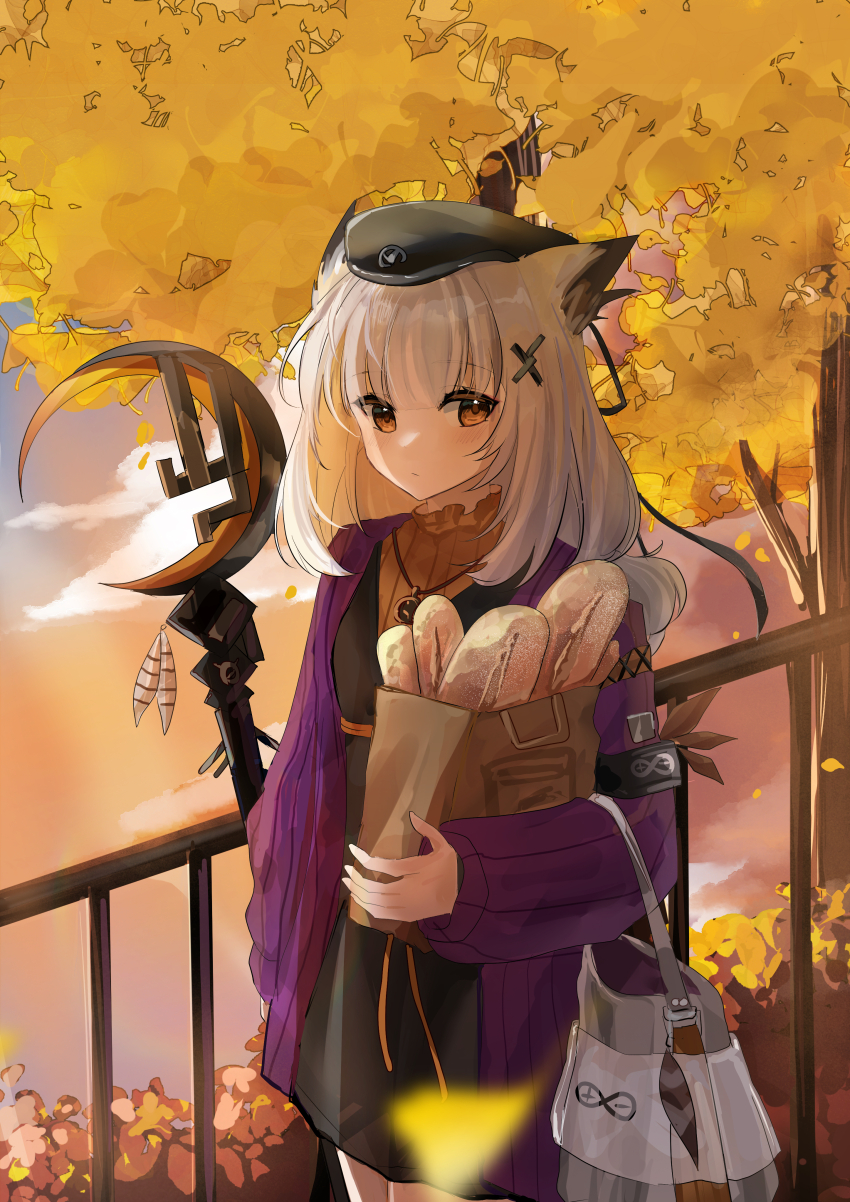 1girl absurdres arknights bag baguette black_dress black_hat bread brown_eyes brown_sweater cardigan chinese_commentary closed_mouth commentary commentary_request cowboy_shot day dress english_commentary expressionless food groceries hat highres holding holding_bag jewelry light_blush long_sleeves looking_at_viewer medium_hair mixed-language_commentary official_alternate_costume open_cardigan open_clothes outdoors paper_bag pendant plant ptilopsis_(arknights) ptilopsis_(serenity)_(arknights) purple_cardigan railing rhine_lab_logo solo standing sweater tree white_hair yumelixt