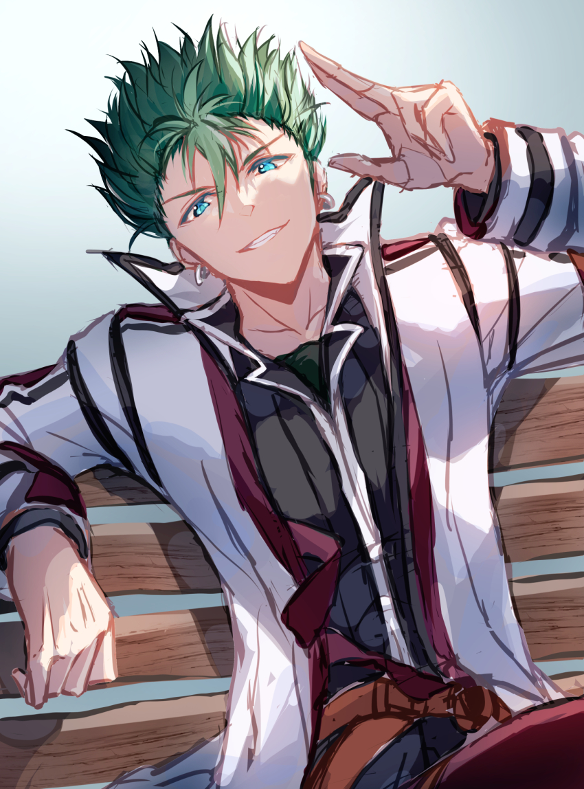 1boy black_trim coat collarbone commentary_request earrings eiyuu_densetsu green_hair hair_between_eyes high_collar highres hoop_earrings jewelry kai_no_kiseki kevin_graham kuro_no_kiseki_(series) kuro_no_kiseki_i male_focus on_chair salute short_hair smile solo spiked_hair teeth two-finger_salute white_coat willfin