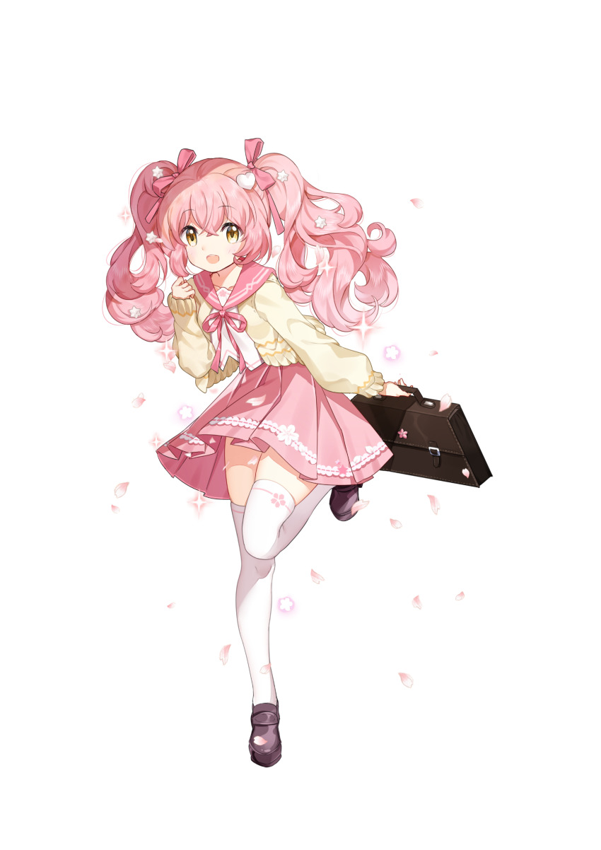 1girl alternate_costume alternate_hair_color amber_(final_gear) artist_request black_bag briefcase brown_shoes final_gear floral_print_thighhighs flower flower_skirt full_body hair_ornament hair_ribbon heart heart_hair_ornament highres holding holding_briefcase horizontal-striped_thighhighs jacket leg_up loafers long_sleeves looking_at_viewer loose_hair_strand neck_ribbon official_alternate_costume official_alternate_hair_color official_art open_mouth pink_petals pink_ribbon pink_sailor_collar pink_skirt pleated_skirt ribbon ribbon-trimmed_skirt ribbon_trim sailor_collar school_briefcase shirt shoes sidelocks simple_background skirt solo sparkle star_(symbol) star_hair_ornament striped_collar sweater_jacket tachi-e thighhighs third-party_source tongue transparent_background twintails wavy_hair white_flower white_shirt white_thighhighs yellow_eyes yellow_jacket yellow_sleeves