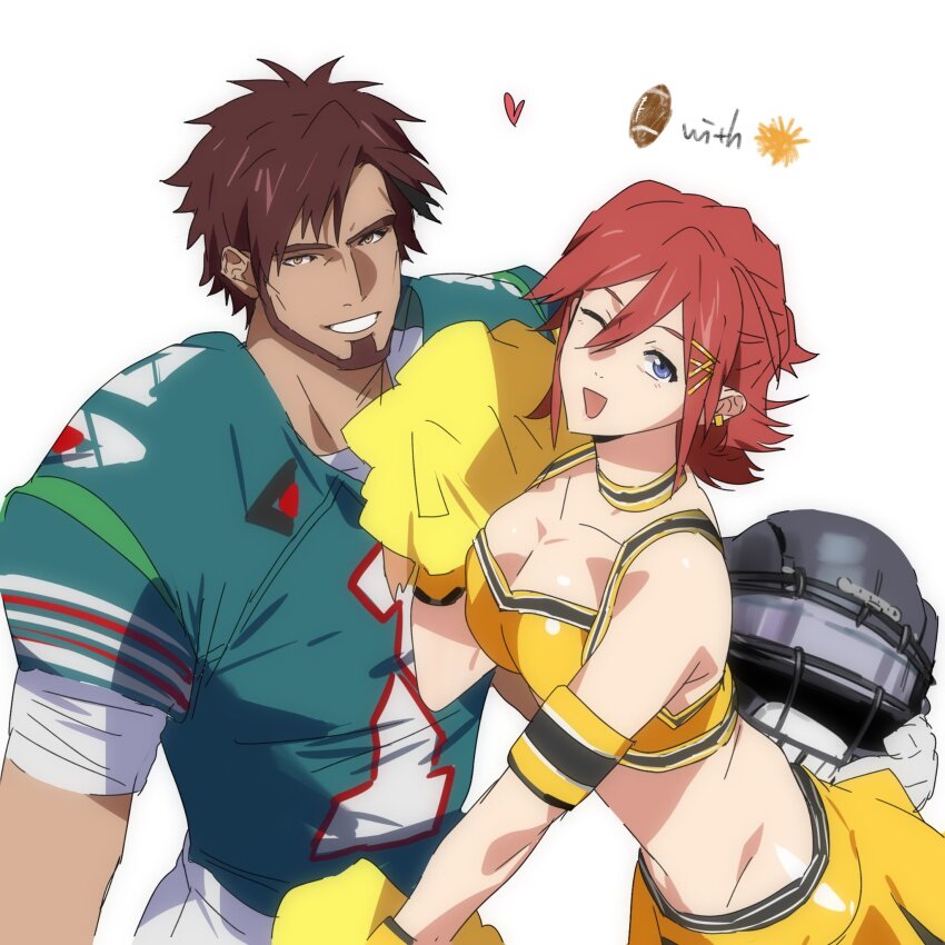 1boy 1girl alternate_costume american_football_(object) american_football_uniform arad_molders ball beard black_choker black_helmet blue_eyes breasts brown_eyes choker cleavage collarbone commentary cropped_shirt english_commentary facial_hair from_above gloves green_shirt hair_behind_ear hair_between_eyes heart helmet highres holding holding_helmet holding_pom_poms kaname_buccaneer looking_at_viewer looking_up macross macross_delta medium_breasts one_eye_closed open_mouth pants parted_lips pom_pom_(cheerleading) pom_poms red_hair shirt short_hair skirt smile sportswear wangyou_ro white_background white_gloves white_pants yellow_shirt yellow_skirt
