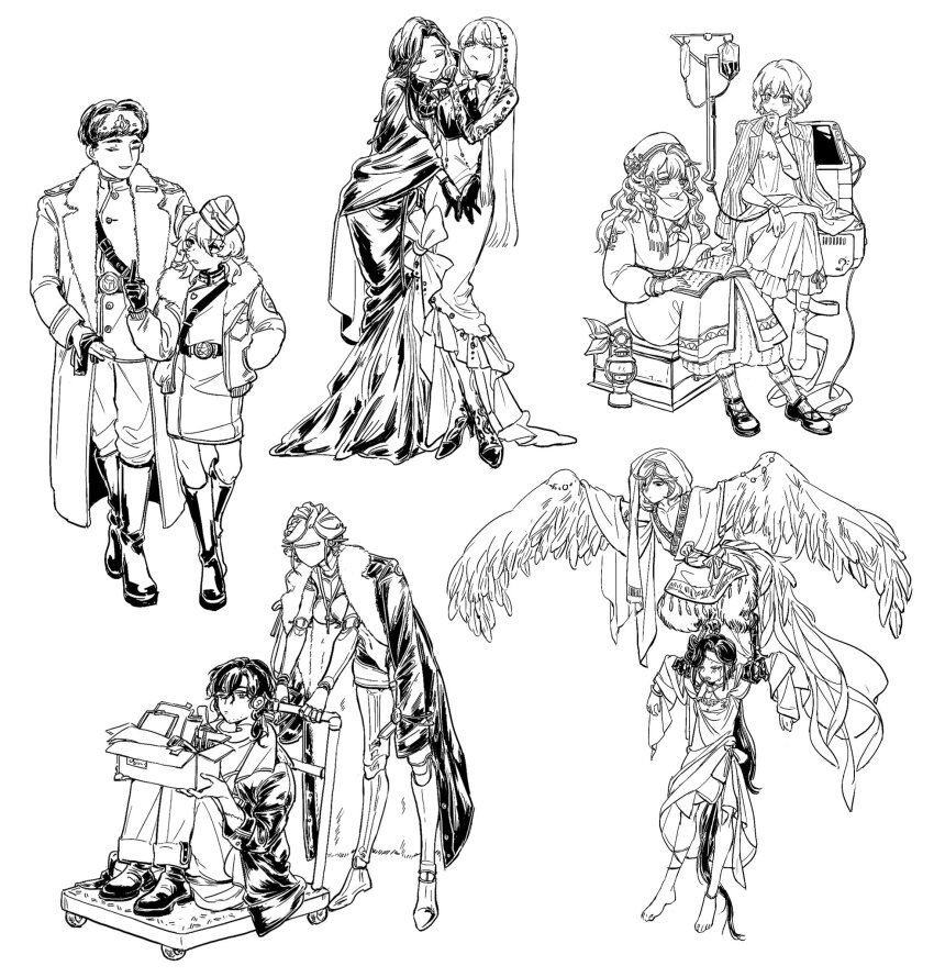 3boys 6+girls aged_down bertolt_(reverse:1999) bird_legs book boots closed_eyes cristallo crying device enigma_(reverse:1999) fur_hat gauze_on_arm getian_(reverse:1999) harpy_boy hat highres holding holding_book hug intravenous_drip iv_stand jacket jacket_on_shoulders jiu_niangzi lamp lilya_(reverse:1999) lucy_(reverse:1999) marcus_(reverse:1999) military_uniform monster_boy multiple_boys multiple_girls open_book reading reverse:1999 robot_girl semmelweis_(reverse:1999) smile sweatdrop ushanka valentina_(reverse:1999) winged_arms wings xuancheng