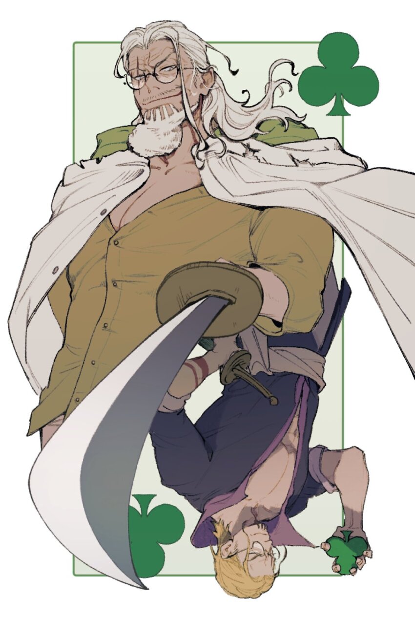 1boy 32soulll beard blonde_hair cloak club_(shape) commentary facial_hair glasses highres holding holding_sword holding_weapon hood hooded_cloak looking_at_viewer male_focus multiple_views mustache one_piece sash scar scar_across_eye scar_on_face shirt silvers_rayleigh sword weapon white_cloak white_hair yellow_shirt