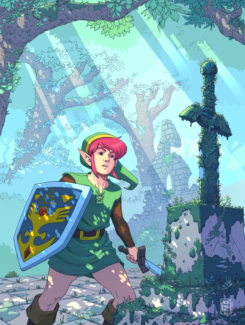 1boy absurdres artist_request belt day grass grove hat highres link master_sword moss nintendo pink_hair plant pointy_ears shield sword the_legend_of_zelda the_legend_of_zelda:_a_link_to_the_past tree weapon
