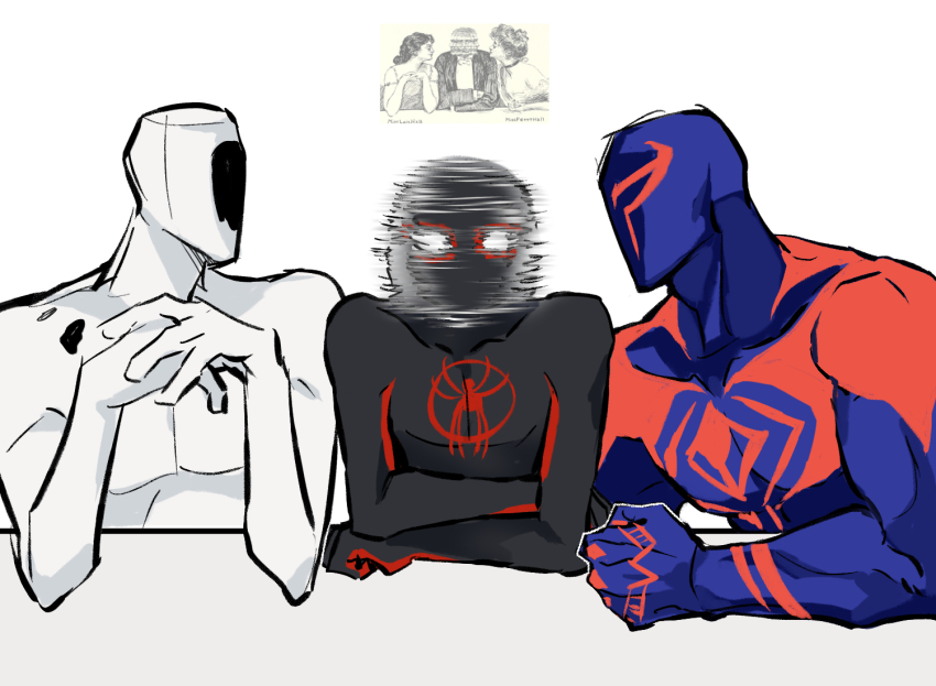 3boys afterimage arm_on_table blue_mask boy_sandwich clenched_hand elbows_on_table facing_another gugusam0 hole_in_head interlocked_fingers looking_around male_focus marvel meme miguel_o&#039;hara miles_morales motion_blur multiple_boys own_hands_together parody reference_inset sandwiched simple_background spider-man:_across_the_spider-verse spider-man_(2099) spider-man_(miles_morales) spider-man_(series) spider-verse spider_web_print spinning_head spot_(marvel) staring the_weaker_sex_1_(gibson) turning_head two-tone_bodysuit upper_body
