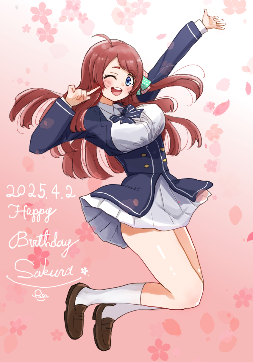 1girl ;d ahoge arms_up blue_bow blue_bowtie blue_eyes blush bow bowtie breasts brown_shoes cherry_blossoms dated floral_background full_body happy_birthday highres jumping large_breasts long_hair minamoto_sakura miniskirt one_eye_closed open_mouth paso red_hair school_uniform serafuku shoes skirt smile socks solo thighs very_long_hair white_skirt white_socks zombie_land_saga