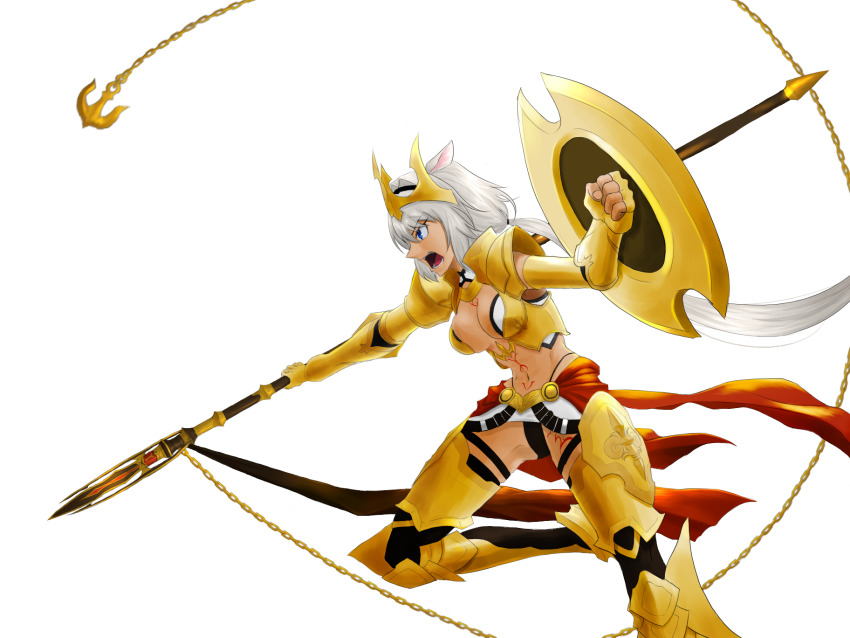 1girl abs animal_ears armor bikini black_bikini black_gloves black_thighhighs blue_eyes body_markings breasts caenis_(fate) caenis_(third_ascension)_(fate) cape dark-skinned_female dark_skin elbow_gloves fate/grand_order fate_(series) faulds female_focus gloves gold_armor grey_background hair_intakes headpiece highleg highleg_bikini highleg_bikini_bottom highres large_breasts long_hair looking_at_viewer navel needlearm parted_lips pauldrons polearm ponytail red_cape shield shoulder_armor solo spear swimsuit tattoo thigh_gap thighhighs waist_cape weapon white_background white_hair