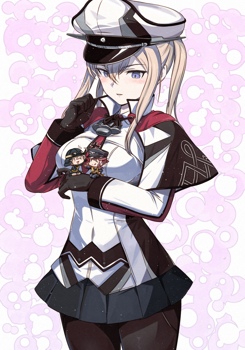 1girl anchor black_pantyhose blonde_hair blue_eyes breasts capelet celtic_knot clover_background cowboy_shot cross fairy_(kancolle) graf_zeppelin_(kancolle) hair_between_eyes hat highres iron_cross kanmiya_shinobu kantai_collection knot_print large_breasts long_hair long_sleeves military_hat military_uniform pantyhose peaked_cap pink_background sidelocks smile twintails