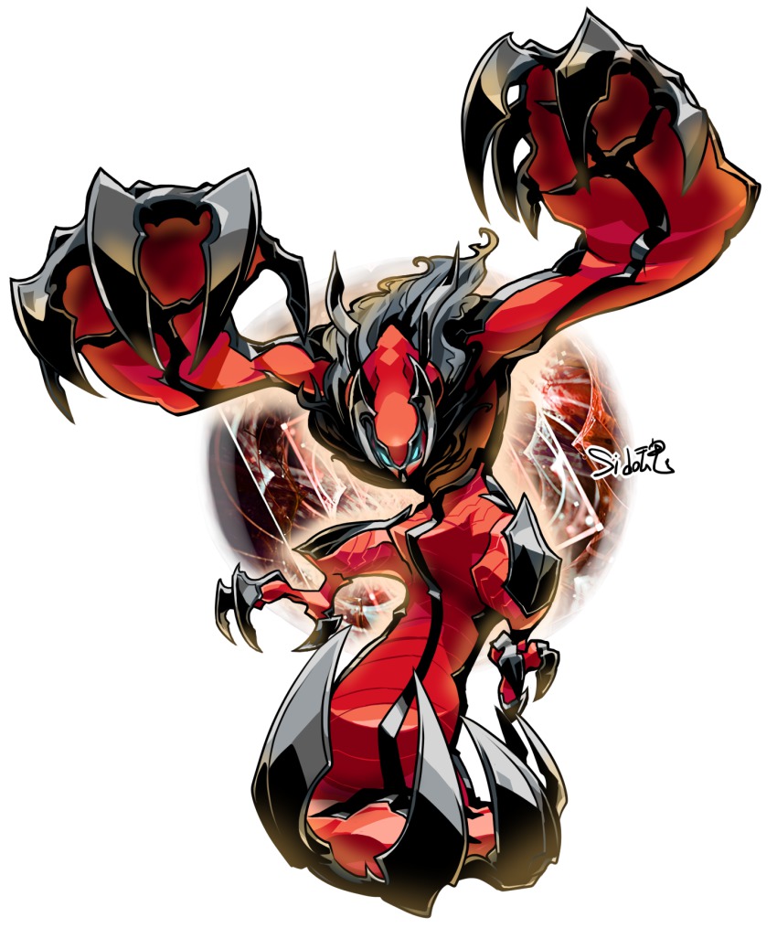 10s blue_eyes gen_6_pokemon glowing glowing_eyes highres legendary_pokemon monster nintendo no_humans pokemon pokemon_(creature) pokemon_xy sido_(slipknot) signature solo white_background yveltal