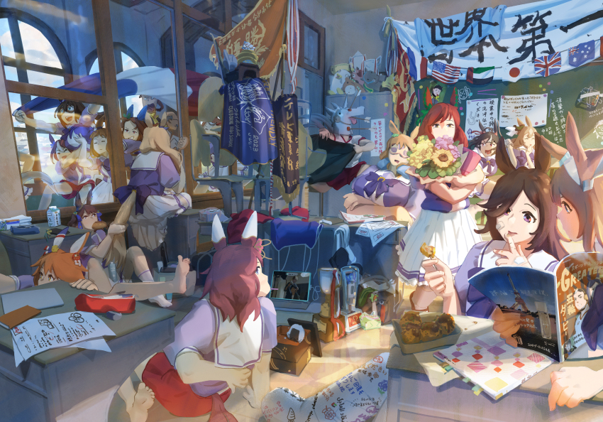 2boys 6+girls absurdres character_request classroom desk eating el_condor_pasa_(umamusume) food gold_ship_(umamusume) grass_wonder_(umamusume) highres horse_girl horse_mask king_halo_(umamusume) kitasan_black_(umamusume) leg_cast mask matikanefukukitaru_(umamusume) mihono_bourbon_(umamusume) multiple_boys multiple_girls nice_nature_(umamusume) rice_shower_(umamusume) running satono_diamond_(umamusume) scenery school_desk school_uniform takoyaki team_spica&#039;s_trainer tracen_school_uniform tracen_training_uniform trainer_(umamusume) umamusume ye_fan