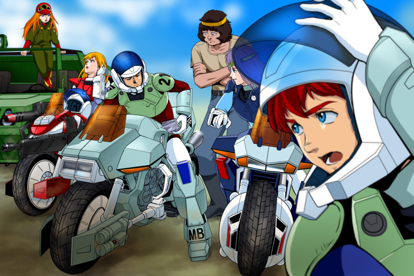 1980s_(style) 2girls 4boys armor bad_id bad_pixiv_id blonde_hair blue_eyes car character_request child e.t. gloves gun hat headband helmet houquet_et_rose jim_warston kikou_souseiki_mospeada long_hair m1_bazooka map mecha military military_jeep military_uniform mint_labule missile mospeada mospeada_(mecha) motor_vehicle motorcycle mots multiple_boys multiple_girls oldschool power_armor purple_hair ray_(mospeada) red_hair retro_artstyle rifle robot rocket_launcher science_fiction sideburns stick_bernard weapon yellow_belmont