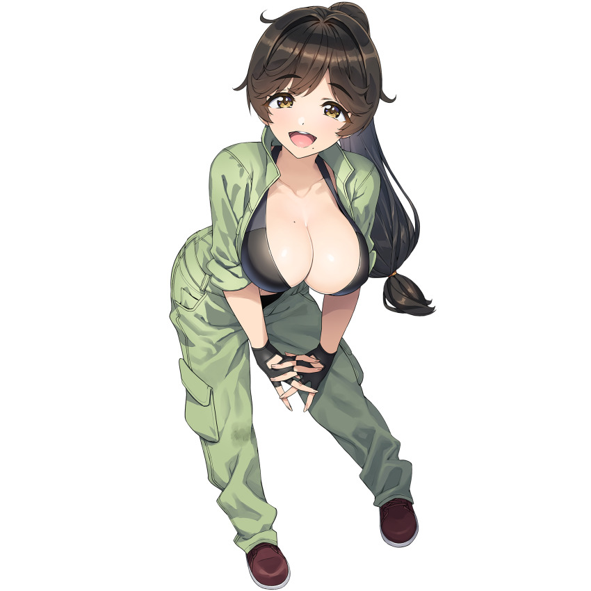 1girl bikini black_bikini black_gloves blush breasts brown_eyes brown_hair cleavage dolphin_wave fingerless_gloves game_cg gloves green_jumpsuit highres jumpsuit large_breasts leaning_forward long_hair looking_at_viewer mole mole_on_breast mole_under_mouth non-web_source official_alternate_costume official_art ootomo_takuji open_jumpsuit open_mouth ponytail smile solo swimsuit transparent_background yamaba_yume