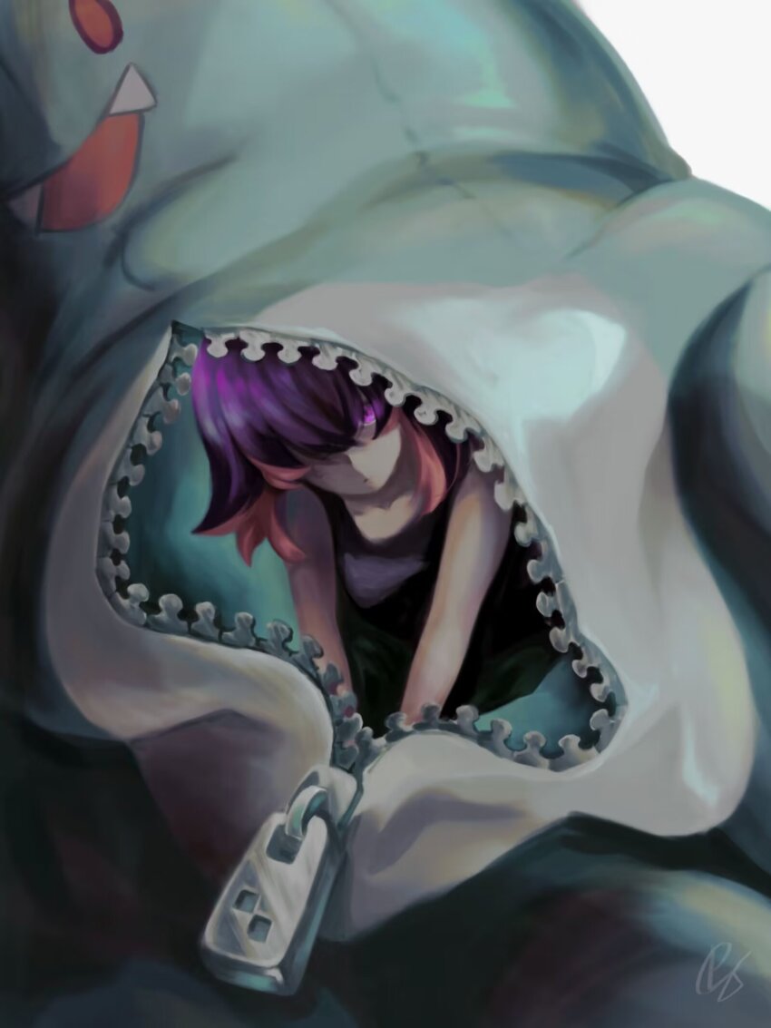 1girl closed_mouth collarbone commentary_request costume creatures_(company) dot_(pokemon) game_freak hair_over_one_eye highres looking_at_viewer multicolored_hair nidothing nintendo pink_hair pokemon pokemon_(anime) pokemon_horizons purple_eyes purple_hair shirt signature sleeveless sleeveless_shirt solo two-tone_hair xiao_tou_diguan zipper zipper_pull_tab