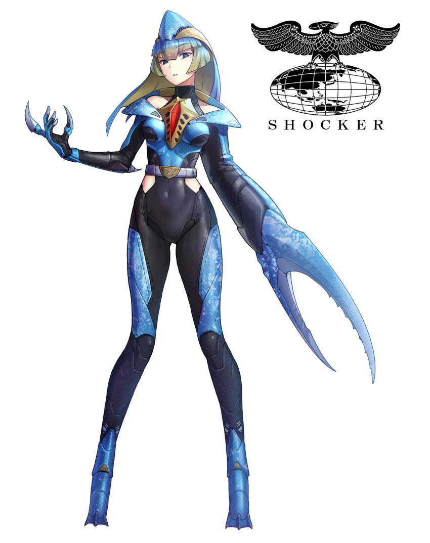 1girl arthropod_girl bare_shoulders belt belt_buckle black_bodysuit blonde_hair blue_eyes blue_hair bodysuit buckle colored_inner_hair commentary crab_claw crab_girl cyborg eidenjyou1997 english_commentary genderswap genderswap_(mtf) grey_belt highres hip_vent impossible_clothes kamen_rider kamen_rider_(1st_series) logo mole mole_under_eye monster_girl multicolored_hair parted_lips shiomaneking shocker_(kamen_rider) simple_background solo webbed_feet white_background