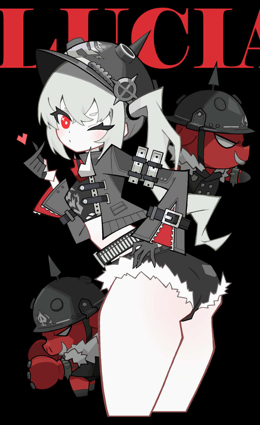1girl absurdres ass black_background breasts character_name cocokana cowboy_shot cropped_jacket finger_heart from_behind fur-trimmed_shorts fur_trim gloves hair_between_eyes hand_on_own_hip helmet highres jacket long_hair long_sleeves looking_at_viewer looking_back luciana_de_montefio one_eye_closed pig red_eyes short_shorts shorts side_ponytail solo spot_color standing zenless_zone_zero