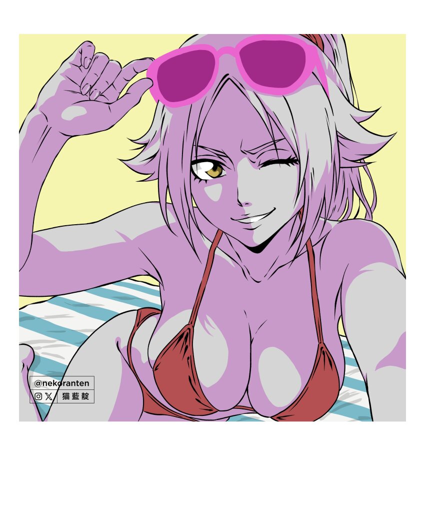 artist_name bare_shoulders beach_towel bikini bleach breasts cleavage collarbone commentary english_commentary hair_ornament large_breasts nekoranten one_eye_closed polaroid_photo ponytail shihouin_yoruichi sunglasses sunglasses_on_head swimsuit towel twitter_username wink yellow_eyes