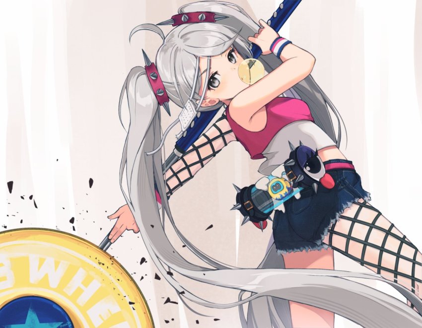 1girl asagawa_mikan_(peachy_michi) blue_hair boots hammer lucy_(ninjala) ninjala nintendo twintails