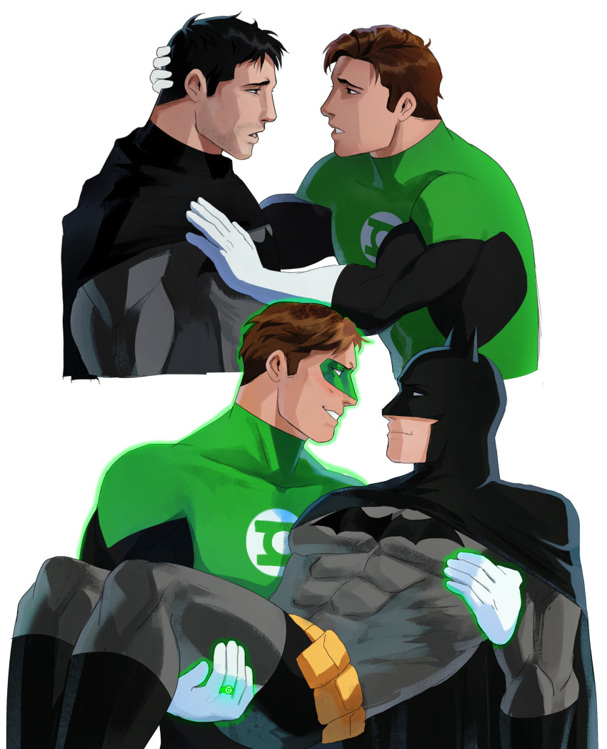 2boys absurdres bara batman_(series) black_bodysuit black_gloves black_hair blush bodysuit brown_hair carrying carrying_person couple dc_comics domino_mask facial_hair gloves green_bodysuit green_lantern green_lantern_(series) grey_bodysuit hal_jordan haljordanmylove highres jewelry large_pectorals looking_at_another male_focus mask multiple_boys muscular muscular_male open_mouth pectorals ring short_hair simple_background smile superhero_costume two-tone_bodysuit white_background white_gloves yaoi