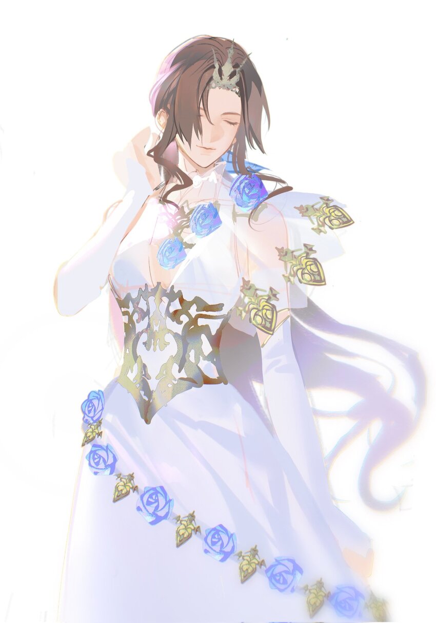 1girl aerith_gainsborough aerith_gainsborough_(prism_dress) blue_flower blue_ribbon blue_rose breasts brown_hair cleavage closed_eyes cowboy_shot detached_sleeves dress dress_flower final_fantasy final_fantasy_vii final_fantasy_vii_ever_crisis final_fantasy_vii_remake flower gold_trim hair_between_eyes hair_ribbon hand_in_own_hair highres light_smile long_dress long_hair low_ponytail medium_breasts official_alternate_costume parted_bangs plunging_neckline ponytail ribbon rose see-through_clothes see-through_sleeves sidelocks single_bare_shoulder sketch sleeveless sleeveless_dress solo tiara wavy_hair white_background white_dress white_sleeves xianyu314