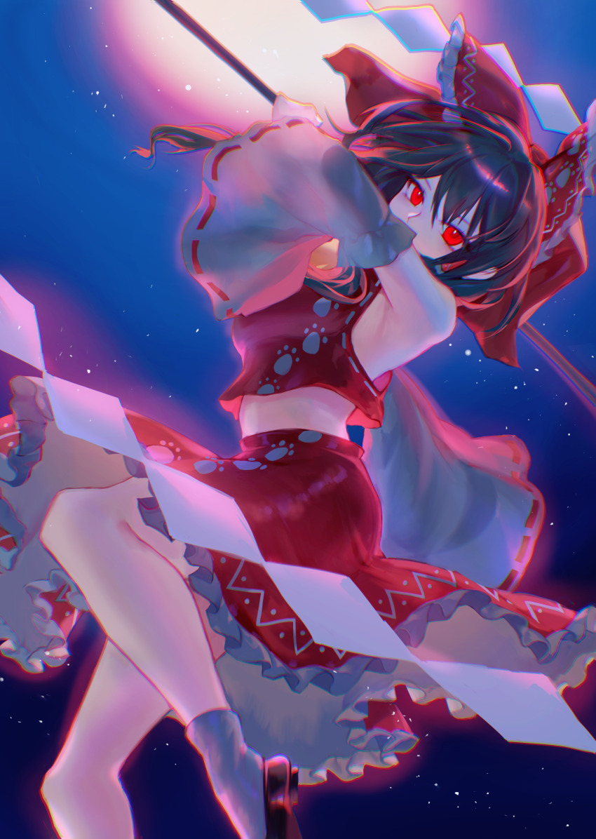 1girl absurdres ankle_socks bare_legs bare_shoulders bow breasts commentary covered_mouth crop_top detached_sleeves dutch_angle fighting_stance foot_out_of_frame frilled_bow frilled_skirt frills gohei grey_sleeves hair_bow hair_tubes hakurei_reimu half_updo highres holding holding_gohei long_sleeves looking_at_viewer midriff night night_sky nontraditional_miko paw_print paw_print_pattern red_bow red_eyes red_shirt red_skirt rhea_(156latte) ribbon-trimmed_shirt ribbon-trimmed_sleeves ribbon_trim shide shirt skirt skirt_set sky sleeveless sleeveless_shirt socks touhou wide_sleeves wily_beast_and_weakest_creature