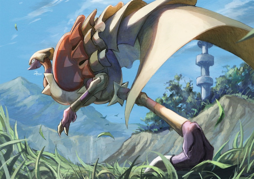 closed_mouth cloud commentary_request day espathra falling_leaves grass hisui-cha leaf nintendo no_humans outdoors pokemon pokemon_(creature) pokemon_focus signature sky solo standing standing_on_one_leg