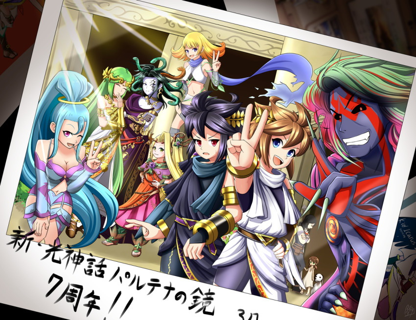 4boys 6+girls amazon_pandora angel black_hair blonde_hair blue_eyes blue_hair breasts brown_hair clothing_cutout colored_skin dark_pit datensip dog fangs fingernails flower hades_(kid_icarus) jewelry kid_icarus kid_icarus_uprising long_fingernails lots_of_jewelry magnus_(kid_icarus) medusa_(kid_icarus) multicolored_hair multiple_boys multiple_girls navel_cutout nintendo palutena pandora_(kid_icarus) phosphora pit_(kid_icarus) purple_hair purple_skin red_eyes sandals short_hair smile snake toes viridi yellow_eyes