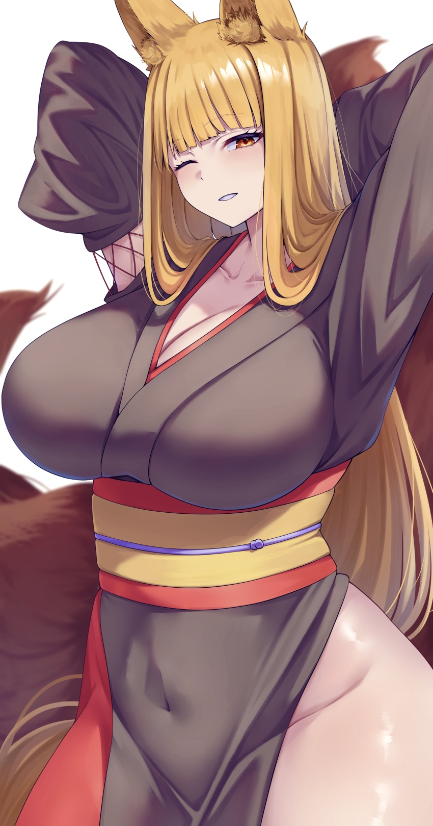 1girl absurdres animal_ear_fluff animal_ears arms_behind_head arms_up blonde_hair blurry breasts cleavage commentary_request covered_navel depth_of_field fox_ears fox_tail highres japanese_clothes kimono kitsune large_breasts long_hair looking_at_viewer mirufi_(milfiiiiyu) multiple_tails no_panties obi one_eye_closed original sash solo tail white_background