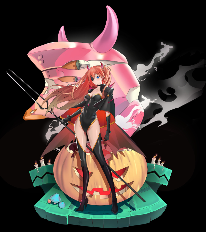 1girl absurdres adapted_costume artist_request black_leotard blue_eyes breasts brown_hair cape covered_navel curvy eva_02 hair_ornament halloween halloween_costume highleg highleg_leotard highres holding holding_weapon horns interface_headset_(evangelion) lance_of_longinus_(evangelion) leotard lips long_hair looking_away mecha medium_breasts neon_genesis_evangelion polearm pumpkin robot shiny_clothes simple_background skin_tight solo souryuu_asuka_langley two_side_up weapon