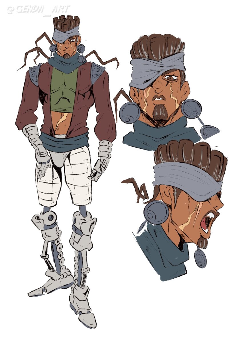 bantu_knots crop_top dark-skinned_male dark_skin earrings eyelashes facial_hair genda_art headband highres jewelry jojo_no_kimyou_na_bouken male_focus mohammed_avdol muscular muscular_male parted_lips prosthesis prosthetic_leg scar stardust_crusaders vento_aureo
