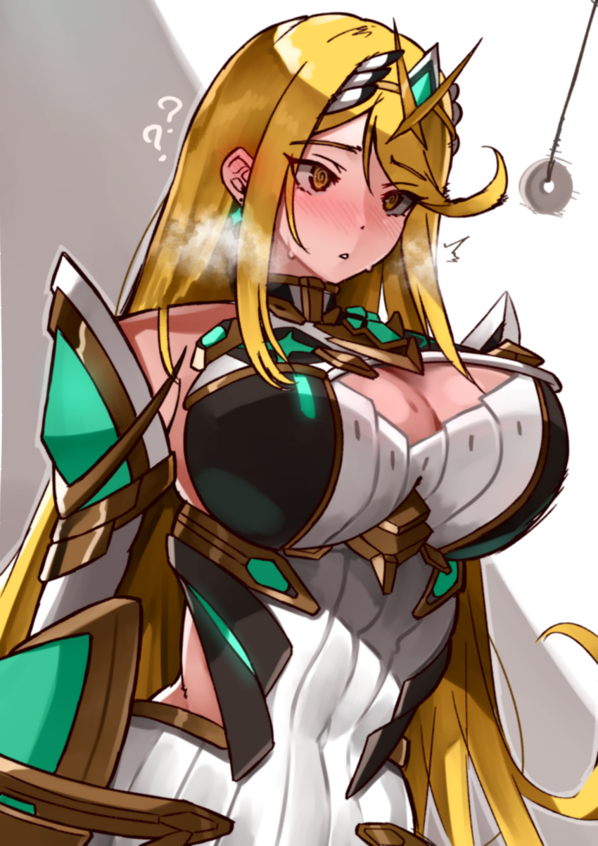 1girl ? ?? @_@ absurdres blonde_hair breasts chest_jewel cleavage cleavage_cutout clothing_cutout coin coin_on_string commentary_request core_crystal_(xenoblade) covered_navel dress earrings gem green_gemstone grey_background highres hip_vent hypnosis jewelry large_breasts long_hair mind_control mythra_(xenoblade) parted_lips solo tiara two-tone_background upper_body very_long_hair white_background white_dress xenoblade_chronicles_(series) xenoblade_chronicles_2 yellow_eyes yotsuha_uni
