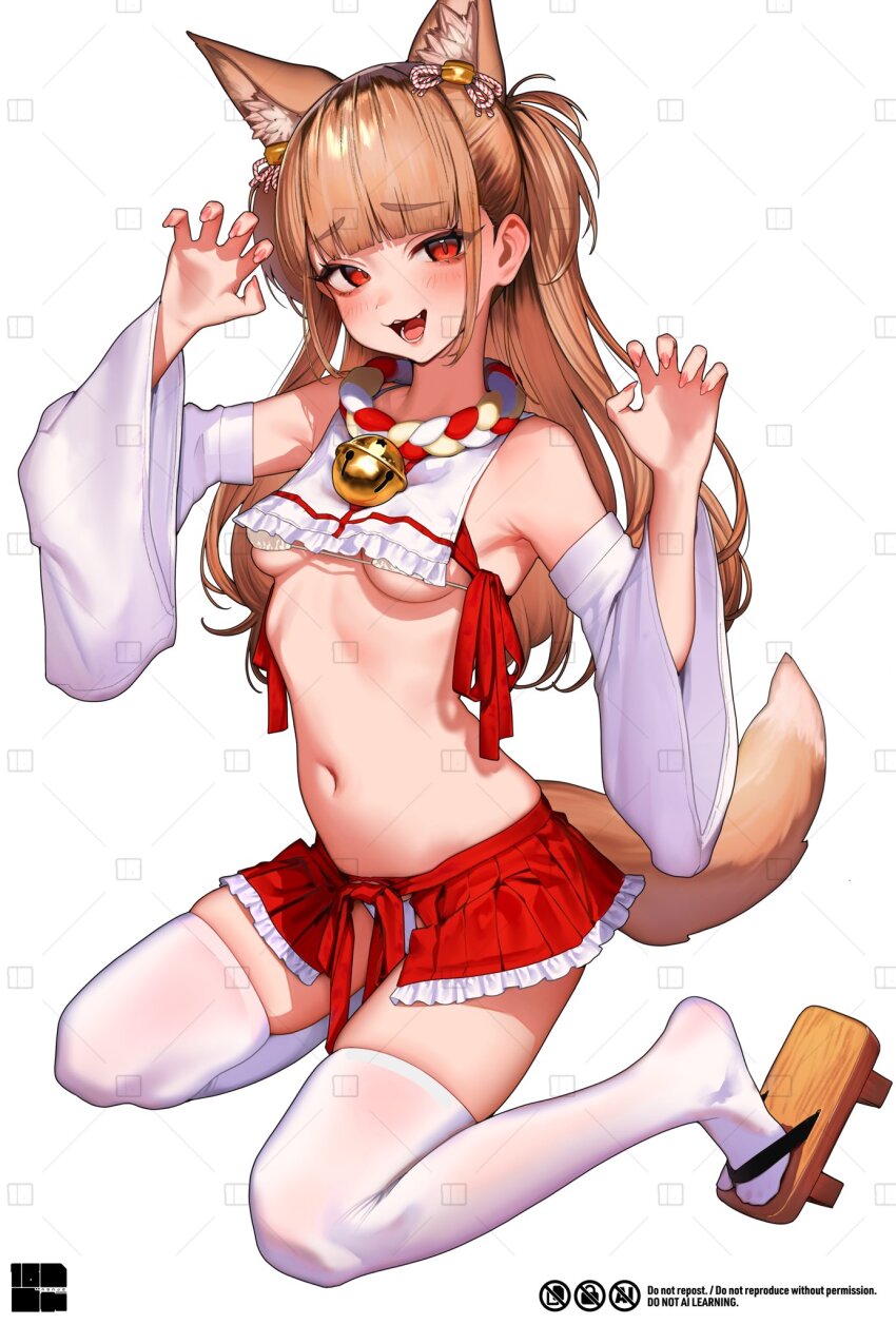 1girl :d animal_ear_fluff animal_ears armpit_crease armpits bare_shoulders bell blunt_bangs blush breasts brown_hair character_request copyright_request crop_top detached_sleeves eyelashes feet fox_ears fox_girl fox_tail frilled_skirt frills full_body geta hair_bell hair_ornament highres legs long_hair looking_at_viewer nanja navel neck_bell nontraditional_miko on_ground open_mouth pleated_skirt red_eyes sandals sidelocks sitting skindentation skirt smile solo stomach tabi tail thighhighs thighs toes underboob watermark white_thighhighs wide_sleeves