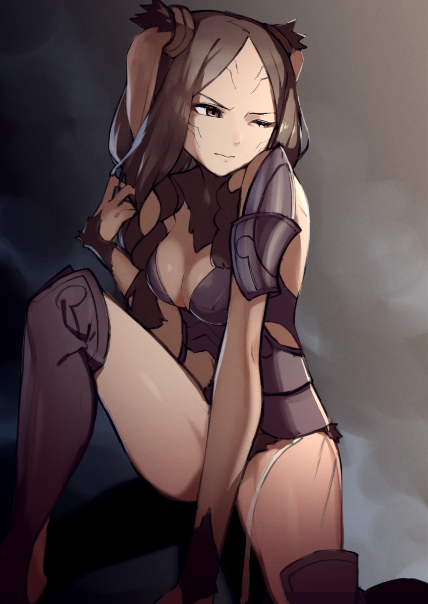 1girl absurdres animal_ears armor breasts brown_eyes brown_fur brown_hair cleavage closed_mouth commission fire_emblem fire_emblem_awakening highres long_hair looking_to_the_side medium_breasts nintendo one_eye_closed panne_(fire_emblem) pixiv_commission rabbit_ears rabbit_girl rindoriko shoulder_armor solo taguel