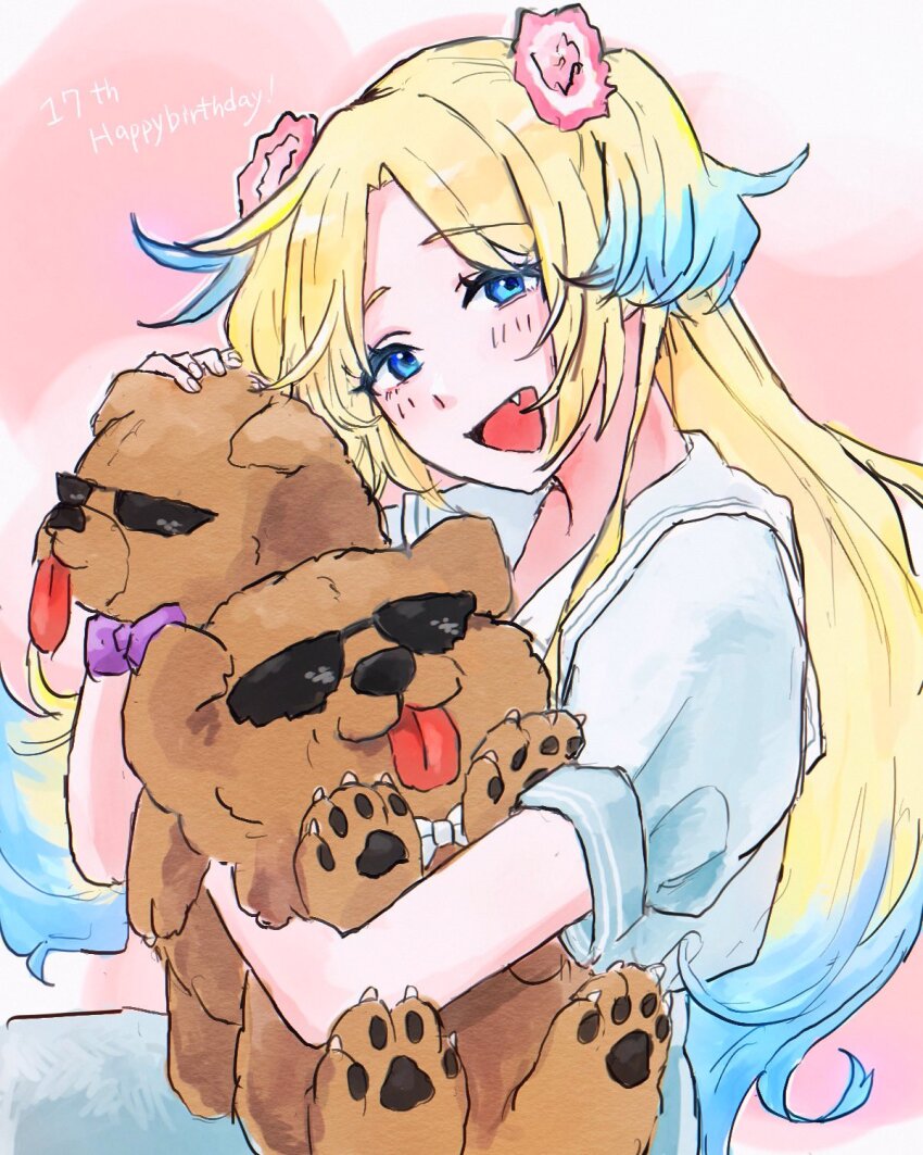 1girl :d animal blonde_hair blue_dress blue_eyes blue_hair blush bow bowtie character_age chow_chow clothed_animal commentary dog dress fang flower gradient_hair hair_flower hair_ornament happy_birthday hashtag-only_commentary hasu_no_sora_school_uniform headpat highres holding holding_animal holding_dog light_blue_hair link!_like!_love_live! long_hair looking_at_viewer love_live! multicolored_hair open_mouth osawa_rurino parted_bangs pink_flower puffy_short_sleeves puffy_sleeves purple_bow purple_bowtie sailor_collar sailor_dress school_uniform short_sleeves smile summer_uniform sunglasses tongue tongue_out twintails upper_body very_long_hair virtual_youtuber white_bow white_bowtie white_sailor_collar yam5565