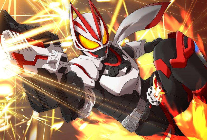 1boy aiming aiming_at_viewer armor armored_boots black_bodysuit black_boots black_gloves bodysuit boots desire_driver exhaust_pipe explosive finishing_move fox fox_mask gloves gun handgun highres kamen_rider kamen_rider_geats kamen_rider_geats_(series) kitsune leg_up magnum_boost magnum_buckle magnum_shooter_40x male_focus mask miyabi_(037) motor_vehicle motorcycle orange_armor raise_buckle scarf shoulder_armor solo splatter weapon white_armor white_scarf yellow_eyes