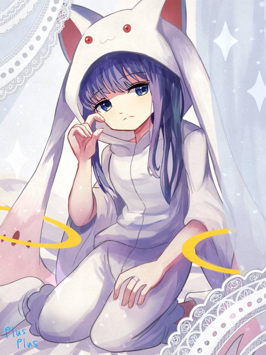 1girl blue_eyes blue_hair cosplay highres kneeling kyubey kyubey_(cosplay) long_hair looking_to_the_side magia_record:_mahou_shoujo_madoka_magica_gaiden mahou_shoujo_madoka_magica nanami_yachiyo pajamas plusplushm short_sleeves solo wide_sleeves