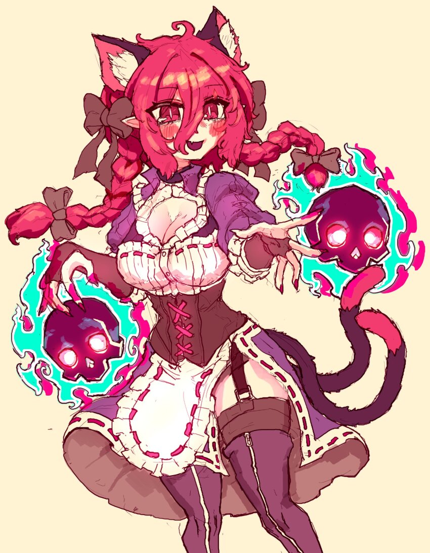 1girl alternate_costume animal_ears blush braid breasts cat_ears cat_girl cat_tail cleavage extra_ears fang hair_between_eyes highres hitodama kaenbyou_rin long_hair medium_breasts multiple_tails open_mouth rampa93 red_eyes red_hair side_braids skull slit_pupils smile solo tail thigh_strap thighhighs touhou twin_braids two_tails yellow_background