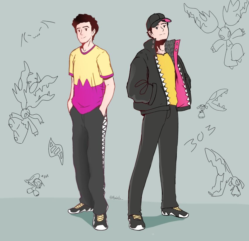1boy 1other artist_name artist_self-insert baseball_cap black_eyes black_footwear black_hat black_jacket black_pants brown_hair closed_mouth clothes_writing cross-laced_footwear doodle_inset gen_3_pokemon grey_background half-closed_eyes hands_in_pockets happy hat high_collar jacket long_sleeves looking_at_viewer mawaifu mawile mega_evolution_symbol mega_mawile mega_pokemon multiple_views nintendo no_sclera open_clothes open_jacket pants pokedex_number pokemon pokemon_(creature) purple_shirt shirt shirt_tucked_in shoes short_hair short_sleeves signature smile split_mouth twitter_username two-tone_shirt yellow_shirt