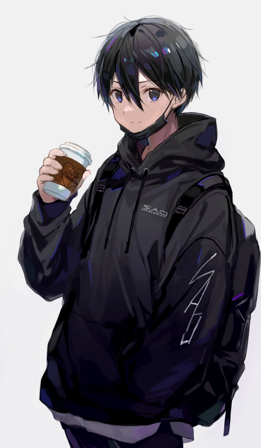 backpack bag black_hair black_hoodie black_mask blue_eyes closed_mouth cup disposable_cup drawstring grey_background hair_between_eyes hand_in_pocket highres holding holding_cup hood hood_down hoodie kirito long_sleeves looking_at_viewer male_focus mask mask_pull mouth_mask ogura_ari simple_background solo sword_art_online