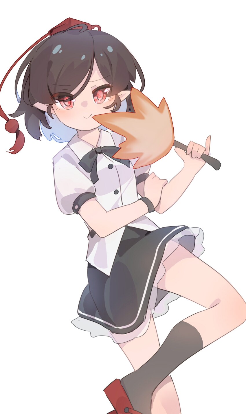 1girl absurdres black_hair black_ribbon black_skirt black_socks closed_mouth collared_shirt frilled_skirt frills gumingdi_ban hand_fan hat hauchiwa highres holding holding_fan looking_at_viewer neck_ribbon pointy_ears pom_pom_(clothes) puffy_short_sleeves puffy_sleeves red_eyes red_hat ribbon shameimaru_aya shirt short_hair short_sleeves simple_background skirt socks solo tokin_hat touhou white_background white_shirt