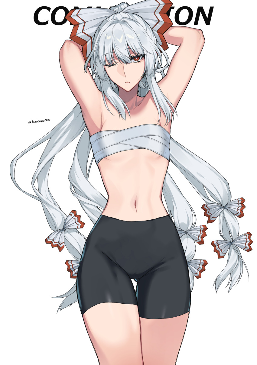 1girl absurdres armpits arms_behind_head bike_shorts bow breasts chest_sarashi commentary_request commission cowboy_shot fujiwara_no_mokou hair_bow highres himadera long_hair looking_at_viewer multiple_hair_bows navel no_shirt one_eye_closed red_eyes sarashi simple_background skeb_commission small_breasts solo stomach touhou very_long_hair white_background white_bow white_hair