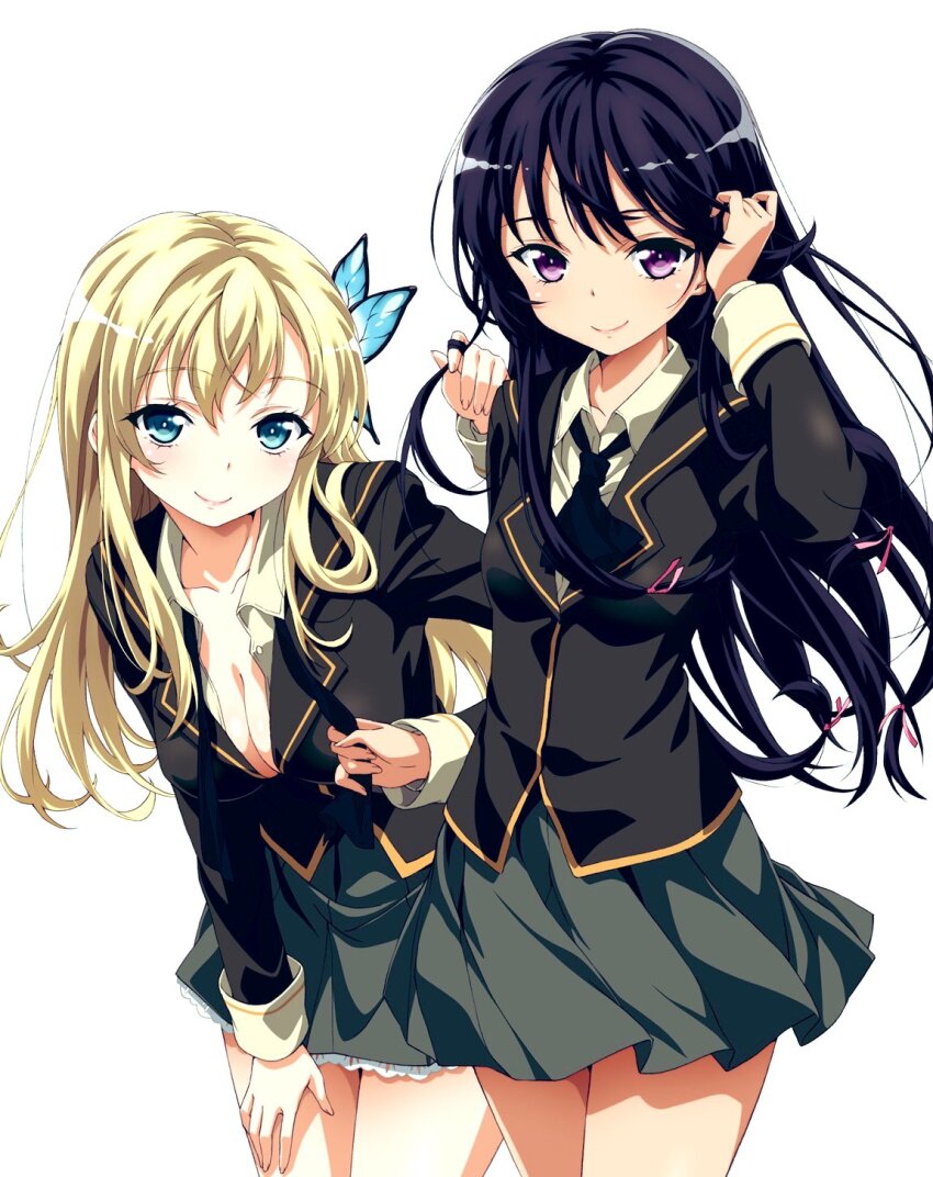 2girls ahoge black_hair black_socks blonde_hair blue_eyes blush boku_wa_tomodachi_ga_sukunai breasts cleavage green_jacket green_skirt hair_ornament hairclip highres jacket kashiwazaki_sena kneehighs large_breasts long_hair long_sleeves looking_at_viewer mikazuki_yozora miniskirt multiple_girls necktie official_art purple_eyes school_uniform simple_background skirt small_breasts socks watanabe_yoshihiro