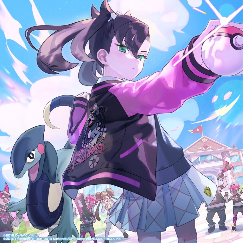 &gt;_&lt; 2boys 4girls artist_request asymmetrical_bangs belt black_hair black_nails blue_sky bow bracelet brown_hair building cheering closed_mouth cloud collar crop_top cyclizar day facepaint glint green_eyes hair_bow highres holding holding_poke_ball jacket jewelry leggings marnie_(academy)_(pokemon) marnie_(pokemon) miniskirt mohawk multicolored_jacket multiple_boys multiple_girls nintendo official_art outdoors pants pink_hair poke_ball poke_ball_(basic) pokemon pokemon_(creature) pokemon_masters_ex pokemon_swsh rosa_(academy)_(pokemon) school skirt sky spiked_bracelet spiked_collar spikes team_yell team_yell_grunt torn_clothes torn_leggings twintails v-shaped_eyebrows white_bow
