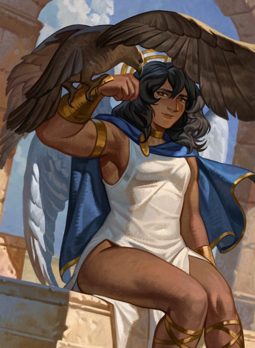 1girl absurdres arch bird black_hair blue_cloak blue_sky brooch brown_eyes cloak cloud cloudy_sky falcon feathered_wings feet_out_of_frame gold_trim halo halo_behind_head highres jewelry looking_at_animal medium_hair mole mole_under_eye original peregrine_falcon robe silverheather sitting sky sleeveless_robe smile solo sunlight thighs wavy_hair white_robe white_wings wings wrist_cuffs