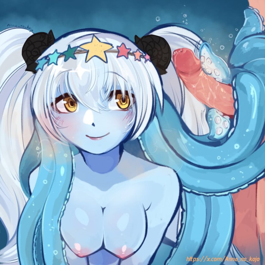 1boy 1girl anna_no_kojo black_souls black_souls_2 blue_hair blush breasts bubble colored_skin hair_between_eyes hat highres kuti_(black_souls) large_breasts long_hair monster_girl nipples penis scylla shell_hair_ornament smile star_(symbol) tentacle_hair tentacle_sex tentacles tentacles_on_male twintails twitter_username underwater underwater_sex very_long_hair white_hair white_skin yellow_eyes