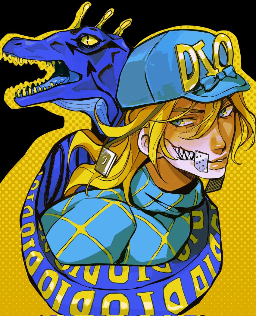 1boy argyle_clothes argyle_sweater bandage_on_face bandages blonde_hair blue_bow blue_eyes blue_helmet blue_sweater bow commentary diego_brando dinosaur fangs helmet highres jojo_no_kimyou_na_bouken looking_at_viewer male_focus medium_hair parted_lips scary_monsters_(stand) stand_(jojo) steel_ball_run sweater teeth transformation turtleneck turtleneck_sweater yissopiart