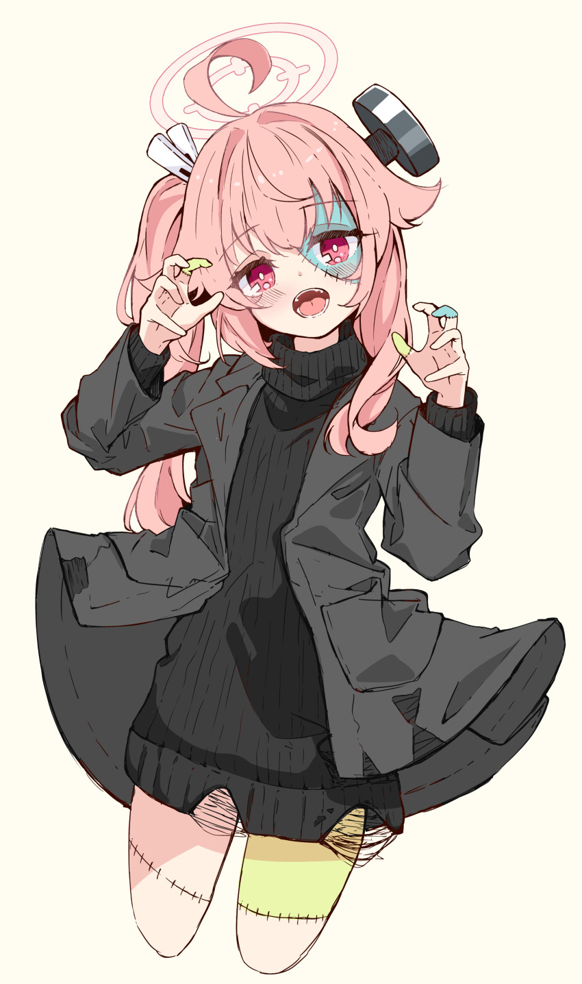 1girl :o absurdres ahoge black_jacket black_sweater blue_archive blush bright_pupils claw_pose commentary cosplay cowboy_shot cropped_legs frankenstein&#039;s_monster frankenstein&#039;s_monster_(cosplay) hair_between_eyes hair_intakes halloween_costume halo hands_up highres jacket kanikama_acedia long_hair long_sleeves natsu_(blue_archive) natsu_(halloween)_(blue_archive) object_through_head official_alternate_costume open_clothes open_jacket open_mouth pink_hair pink_halo red_eyes ribbed_sweater screw_in_head side_ponytail sidelocks simple_background solo stitched_face stitched_hand stitched_leg stitches sweater teeth tongue turtleneck turtleneck_sweater white_background white_pupils