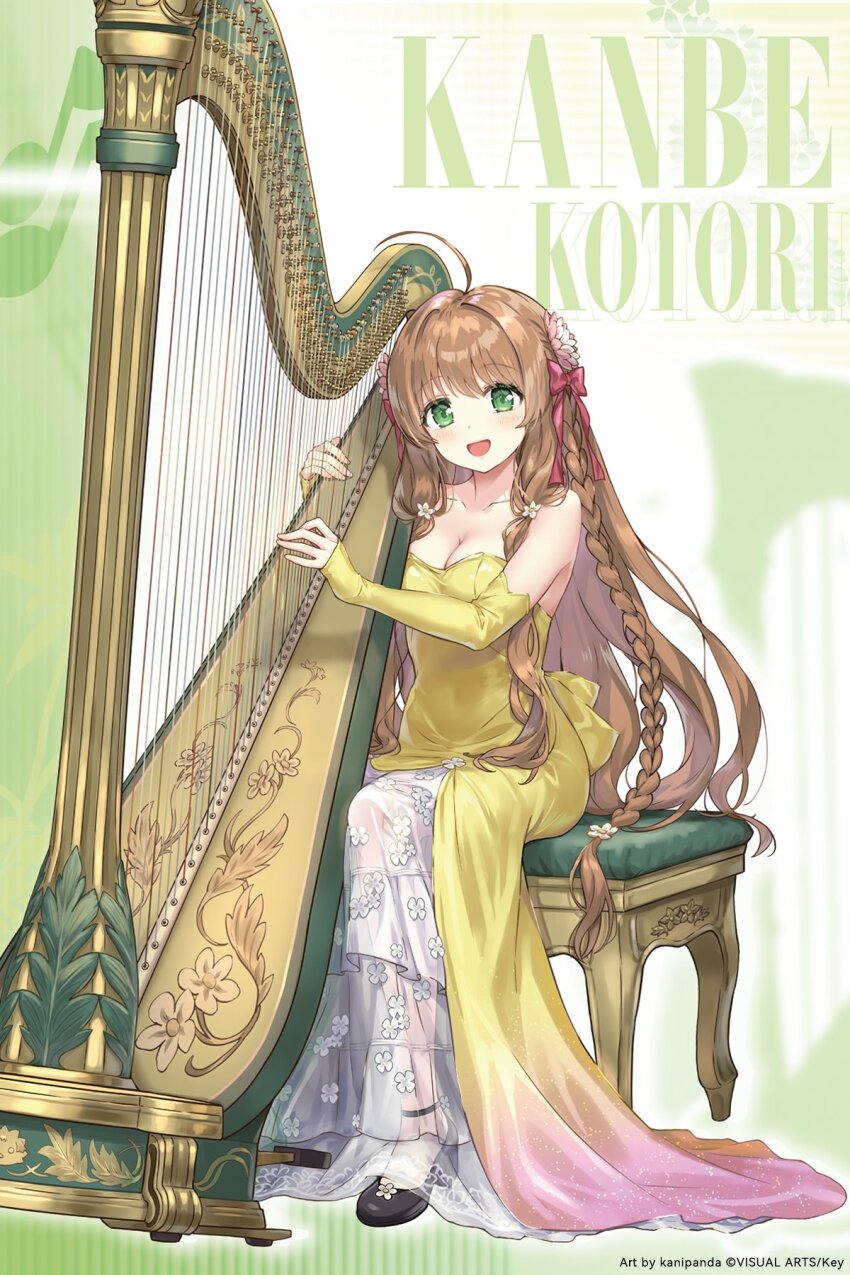 1girl ahoge artist_request black_shoes braid breasts brown_hair character_name cleavage collarbone commentary_request detached_sleeves dress flower green_eyes hair_flower hair_ornament high_heels highres kanbe_kotori long_hair looking_at_viewer medium_breasts official_art open_mouth pink_flower rewrite shoes smile solo twin_braids