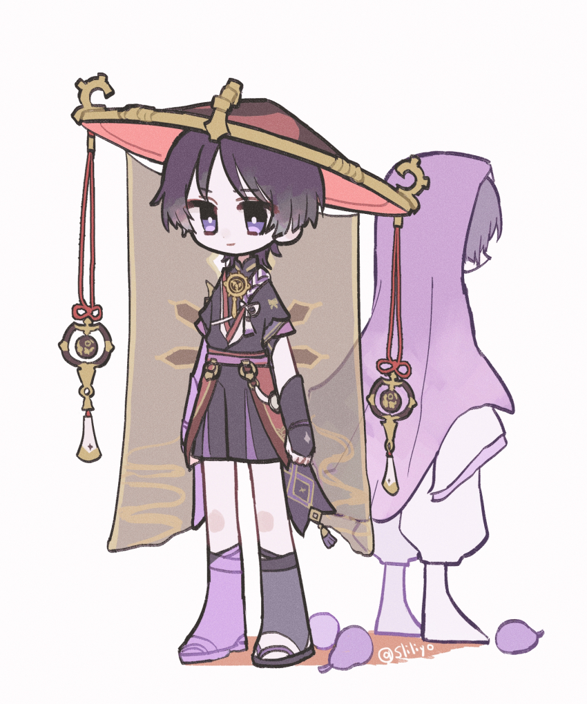 2boys armor arms_at_sides back-to-back barefoot black_bodysuit black_hair black_kimono black_sandals black_sleeves blunt_ends bodysuit bridal_legwear bright_pupils clenched_hands closed_mouth dual_persona eyeliner eyeshadow facing_to_the_side full_body furisode genshin_impact gold gold_trim grey_veil hat highres hoshizuki_chimama japanese_armor japanese_clothes jingasa juban kimono kote kurokote lavender_melon_(genshin_impact) layered_sleeves looking_past_viewer makeup mandarin_collar mitsudomoe_(shape) multiple_boys o-ring pants purple_eyes purple_rope purple_sash purple_sleeves purple_veil red_eyeliner red_eyeshadow red_hat red_kimono red_sash rope sandals sash scaramouche_(genshin_impact) scaramouche_(kabukimono)_(genshin_impact) shimenawa short_sleeves smile standing stirrup_legwear tassel tilted_headwear toeless_legwear tomoe_(symbol) twitter_username veil white_background white_kimono white_pants white_pupils white_rope white_sleeves wide_sleeves zouri