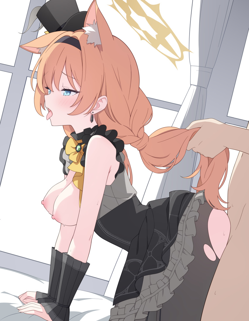 1boy 1girl absurdres all_fours animal_ears black_dress black_pantyhose blue_archive blue_eyes breasts cat_ears clothed_sex commentary_request doggystyle dress earrings extra_ears halo hetero highres idol_clothes jewelry jyt long_hair mari_(blue_archive) mari_(idol)_(blue_archive) medium_breasts nipples open_mouth orange_hair pantyhose sex sex_from_behind sleeveless sleeveless_dress solo_focus tongue tongue_out torn_clothes torn_pantyhose yellow_halo